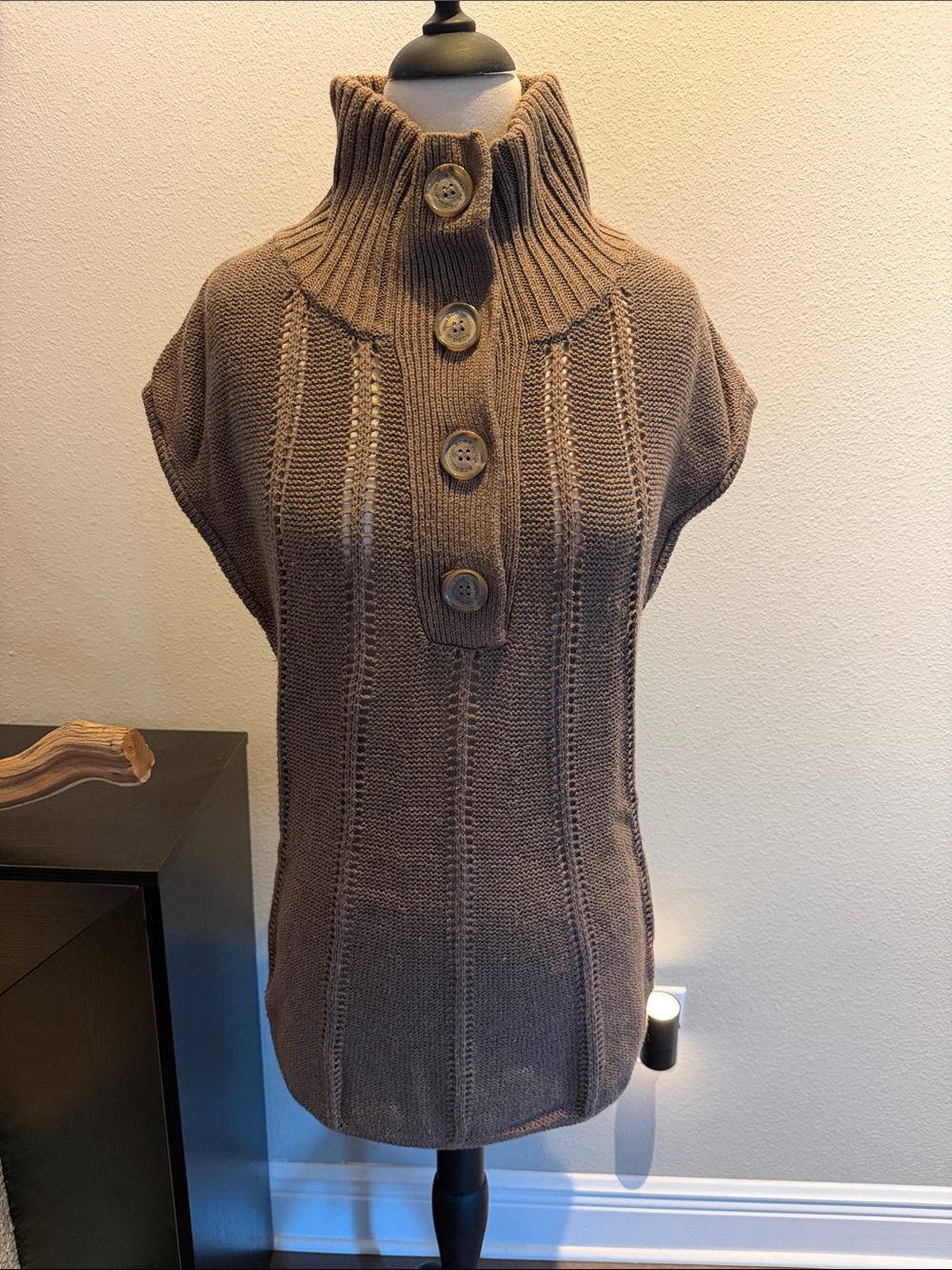 BCBGMaxAzria Brown Ribbed Button-Front Cowl Sweater